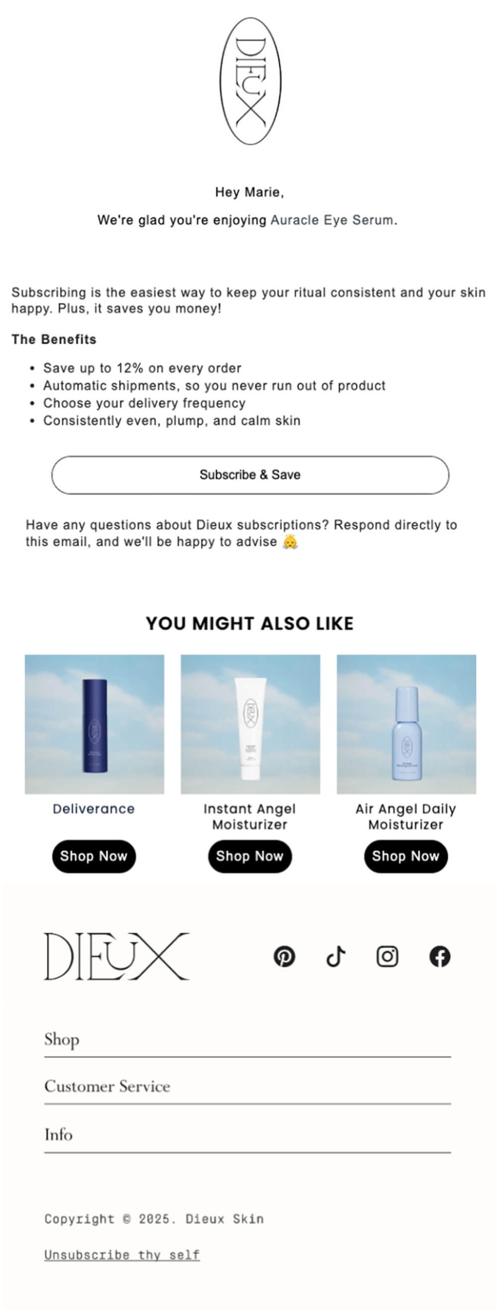Dieux using Repeat's Subscription Upsell flow.