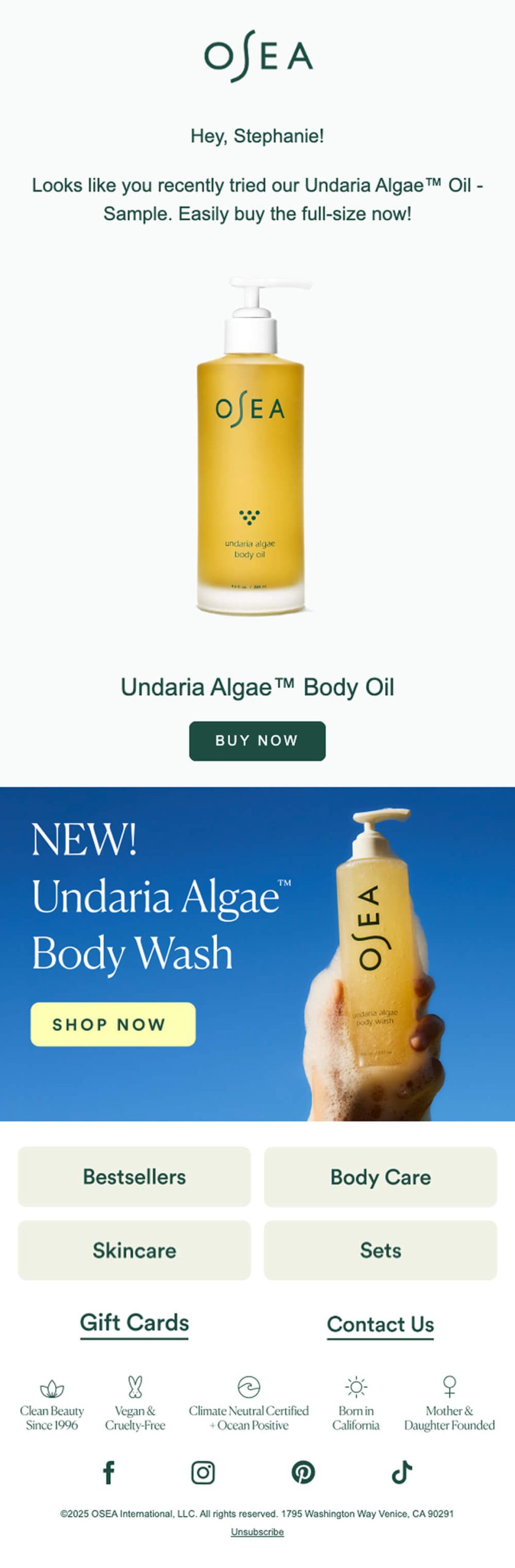 OSEA Malibu using Repeat's Sample Upsell flow.