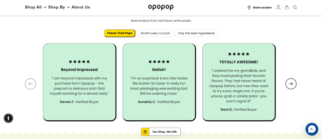 A screenshot of the brand Opopop featuring customer reviews on the homepage of their website.