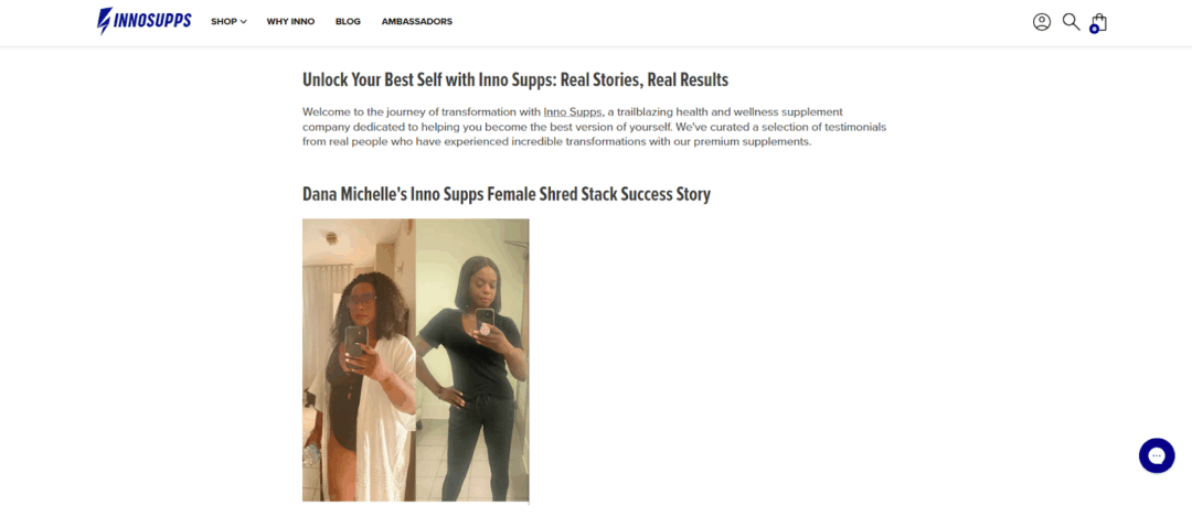 A screenshot of the brand Innosupps featuring a customer success story on their website.